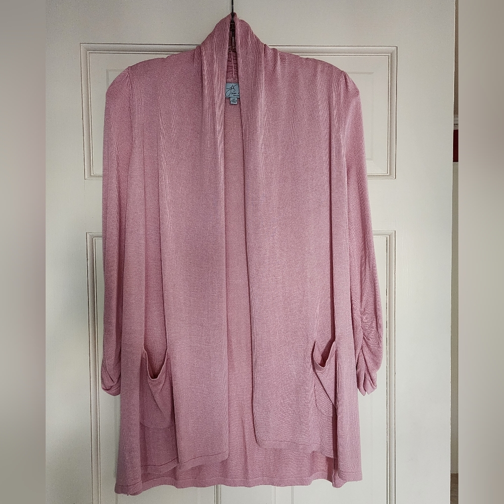 JOAN VASS CARDIGAN XS PINK OPEN FRONT AND RUCHED SLEEVES EXCELLENT CONDITION